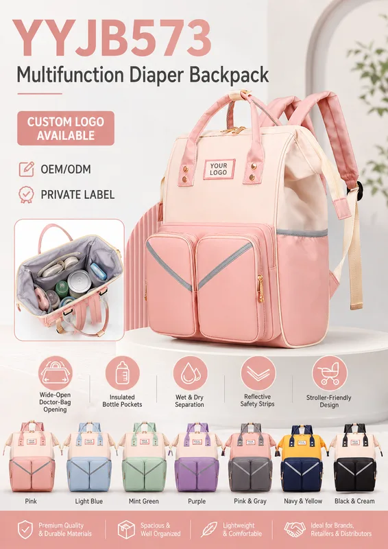 YYJB573 multifunction diaper backpack with wide-open doctor-bag opening and reflective strips