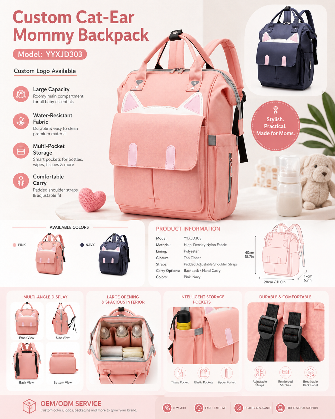 YYXJD303 cat-ear mommy backpack with large capacity and multi-pocket storage
