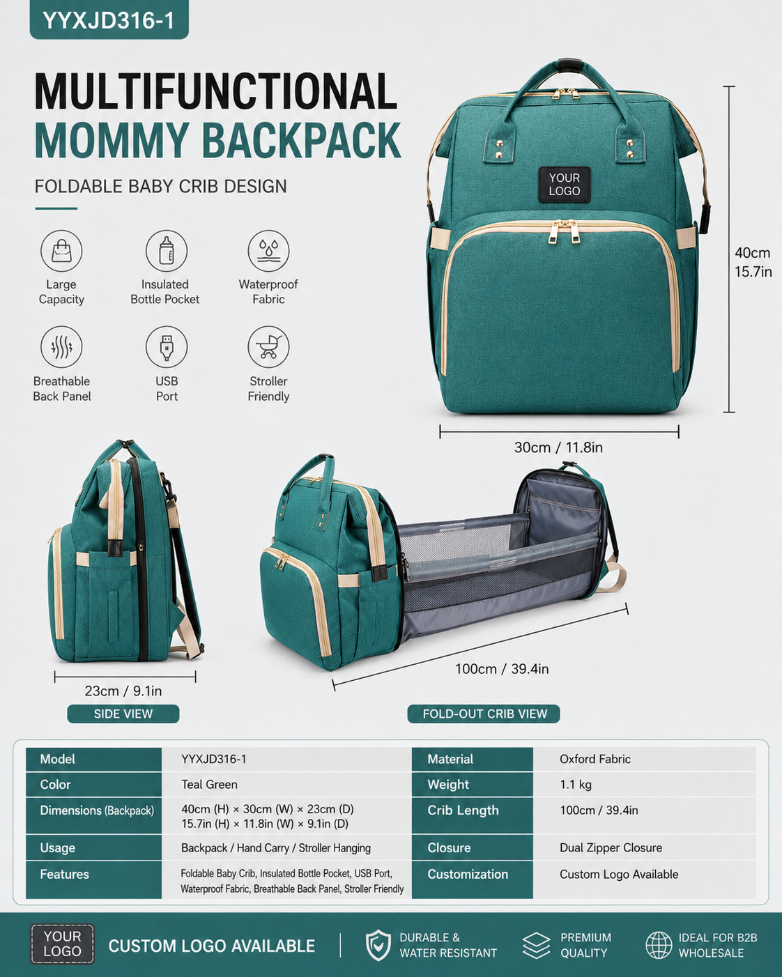 YYXJD316-1 foldable crib diaper backpack with 100 cm crib section and insulated bottle pocket