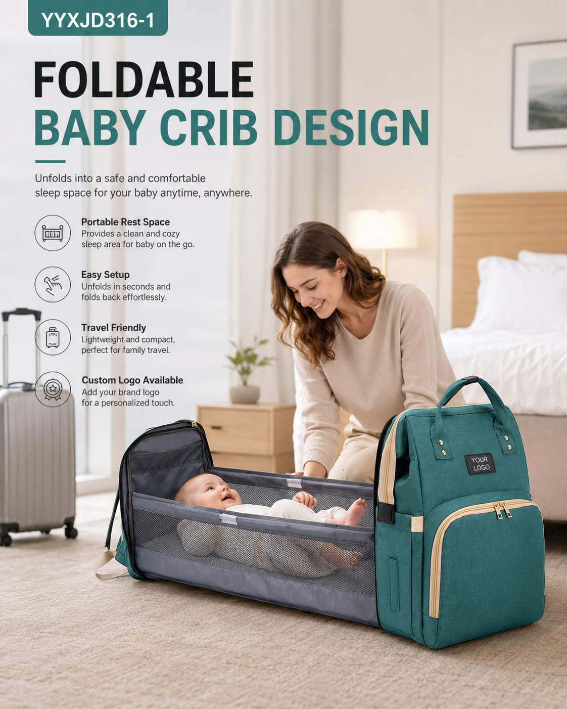 YYXJD316-1 foldable crib diaper backpack unfolded as a portable rest space