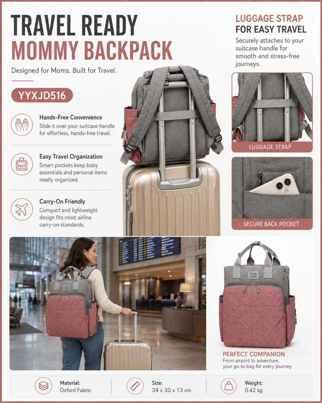 YYXJD516 travel diaper backpack with luggage strap on a suitcase handle