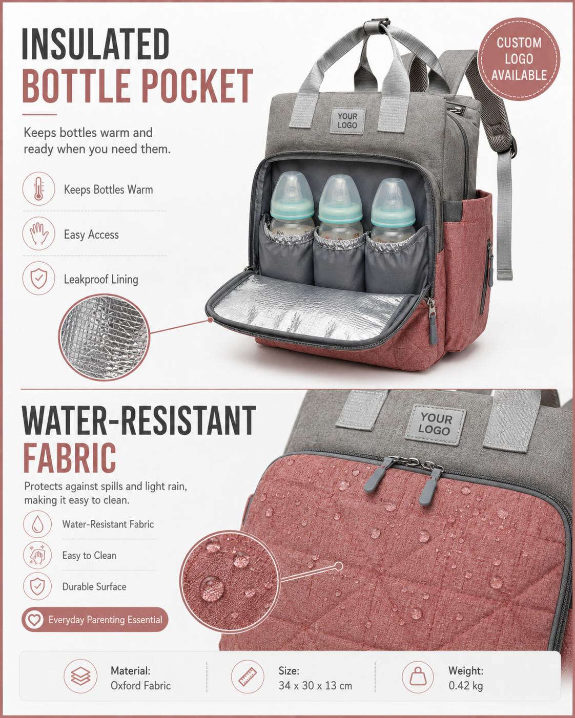 YYXJD516 travel diaper backpack with insulated bottle pocket and water-resistant fabric