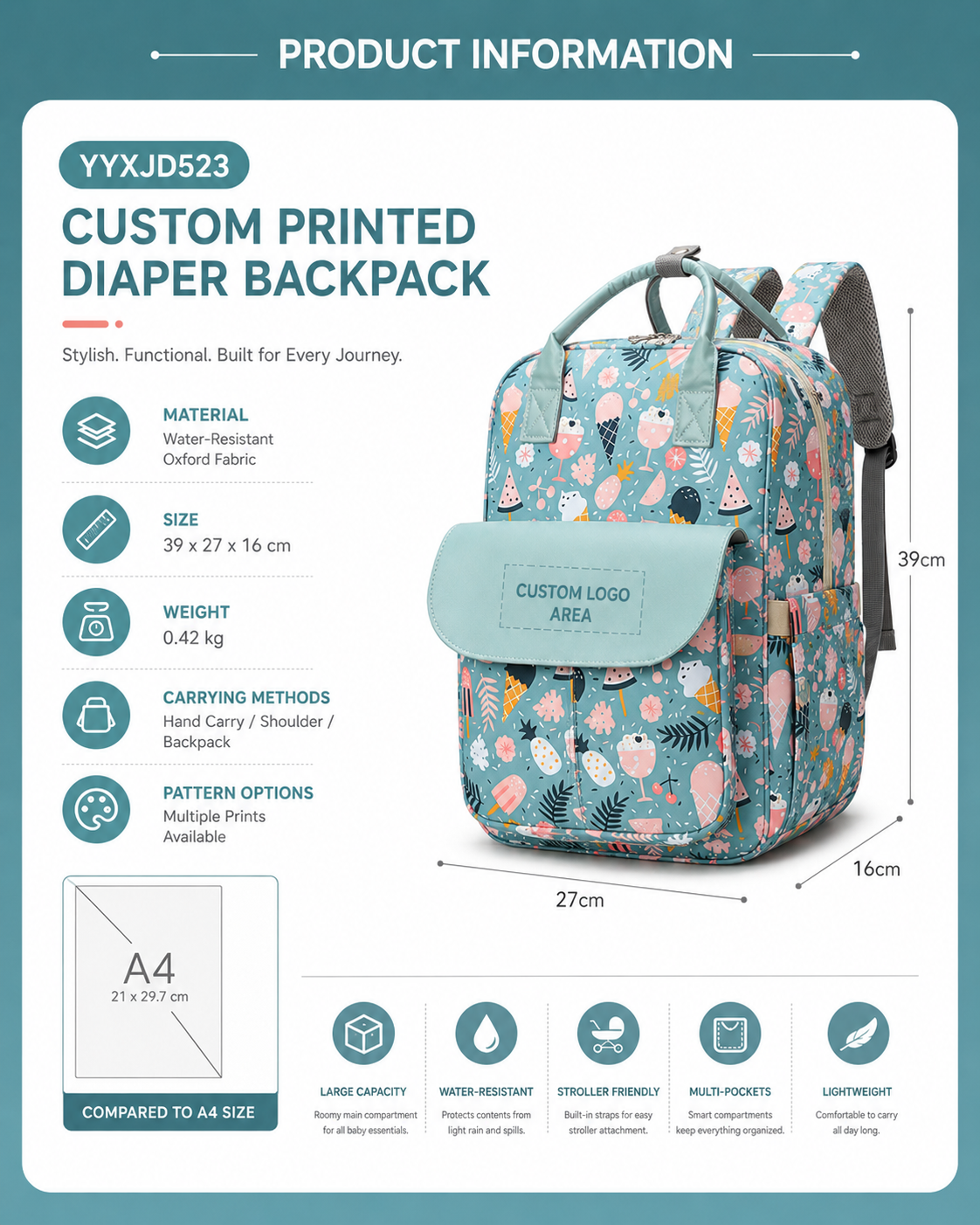 YYXJD523 custom printed diaper backpack with all-over summer pattern print