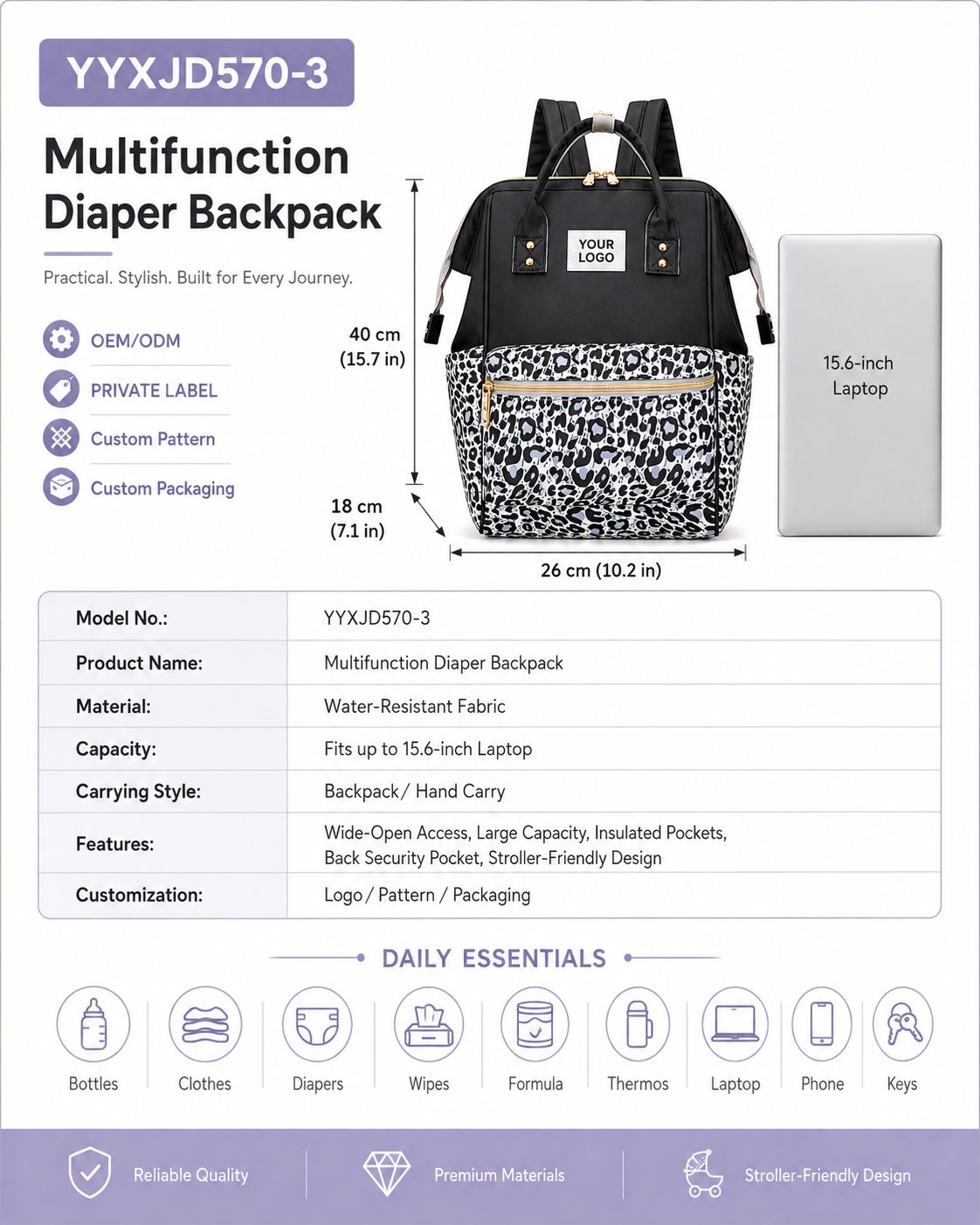 YYXJD570-3 animal print diaper backpack size 40 by 26 by 18 cm