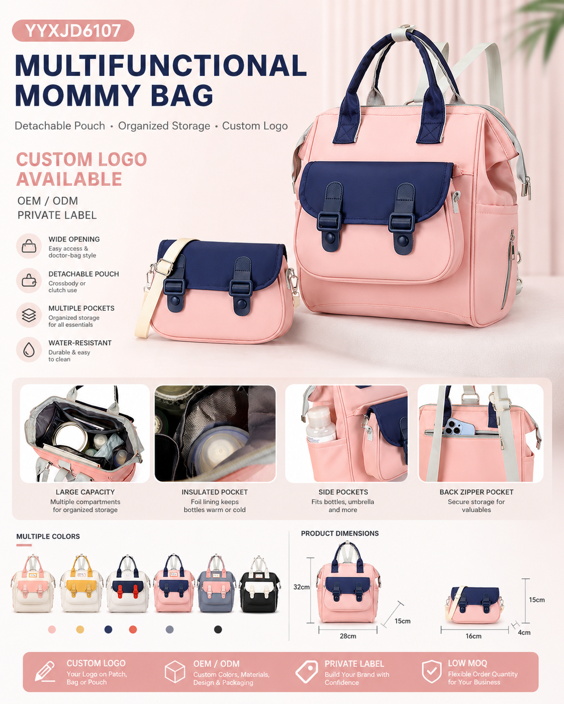 YYXJD6107 mommy bag with detachable pouch, insulated pockets and back zipper pocket