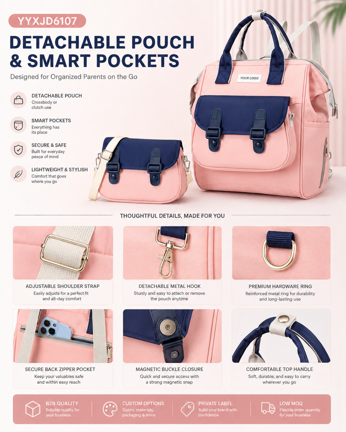 YYXJD6107 mommy bag with detachable pouch and magnetic buckle closure